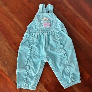 Vintage OshKosh B'gosh Vestbak Baby 6-9 M Teal Blue Corduroy Ruffle Overalls